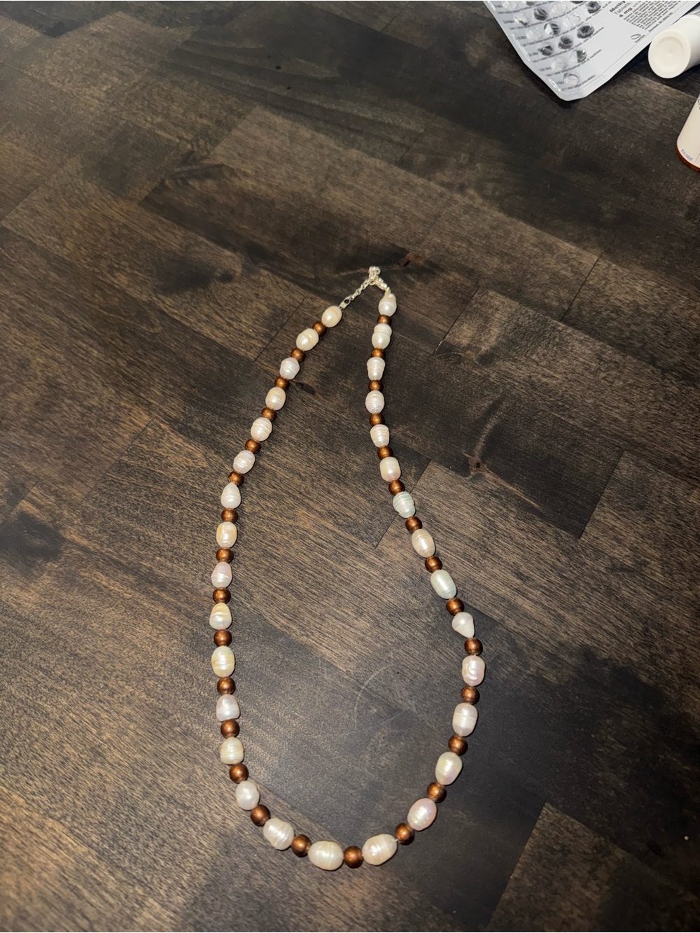 Freshwater Pearl and Wood Bead Necklace - Cream and Brown